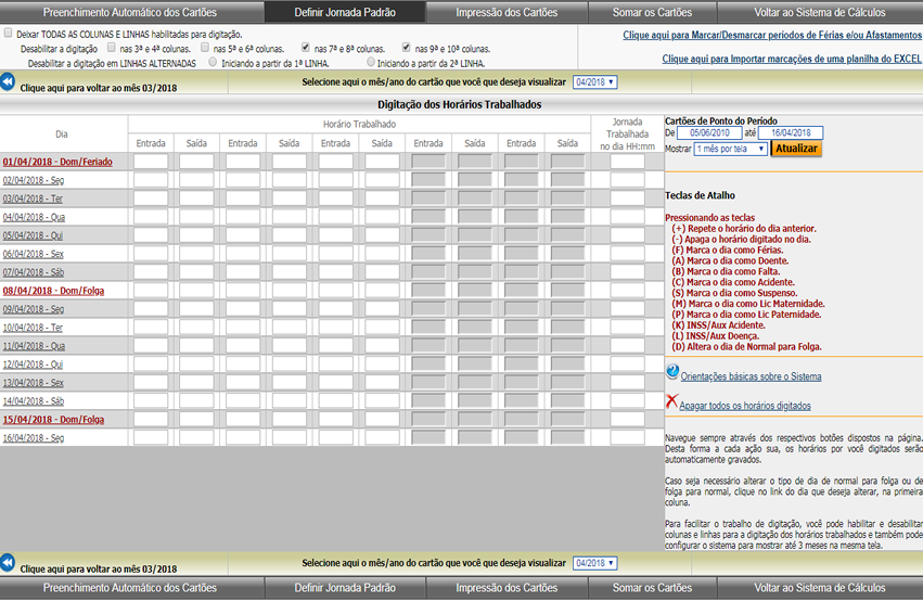 Formulário de digitação dos horários trabalhados