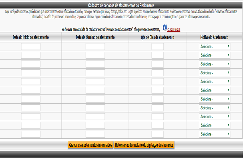 Tela para cadastrar períodos de afastamentos do Reclamante
