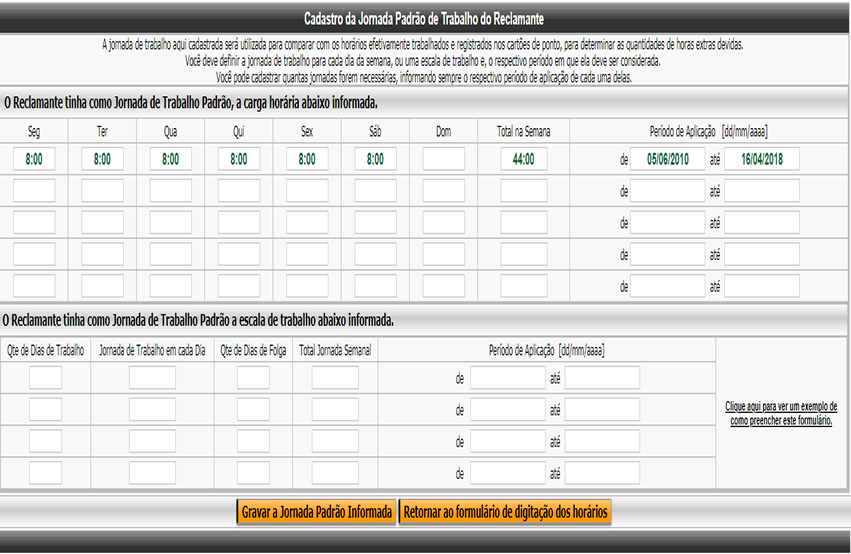 Tela para cadastrar a jornada padrão do Reclamante