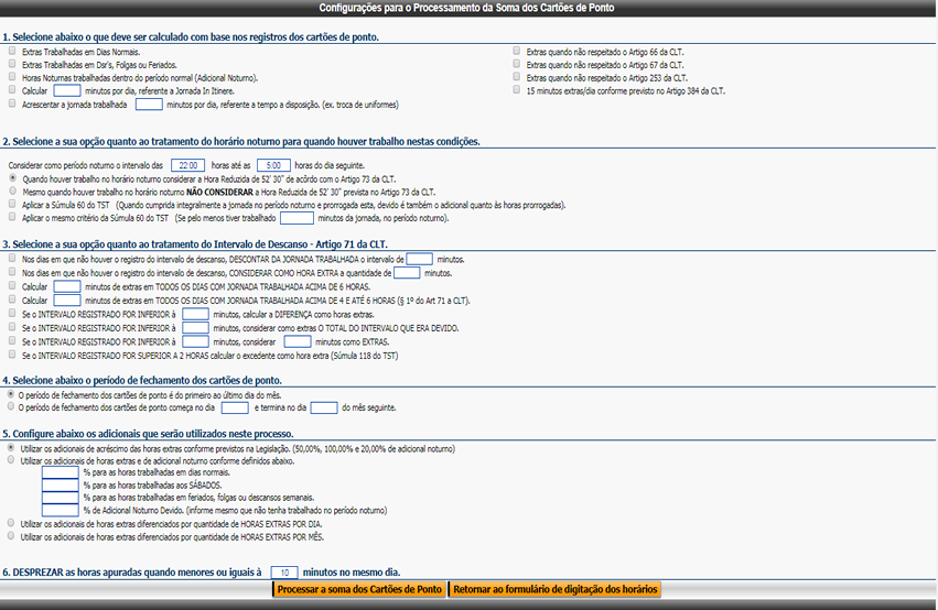 Configurações para a Soma dos Cartões de Ponto