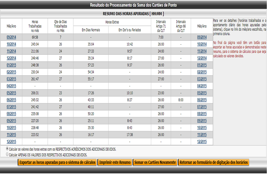 Tela com os resultados do processamento do apontamento dos cartões de ponto